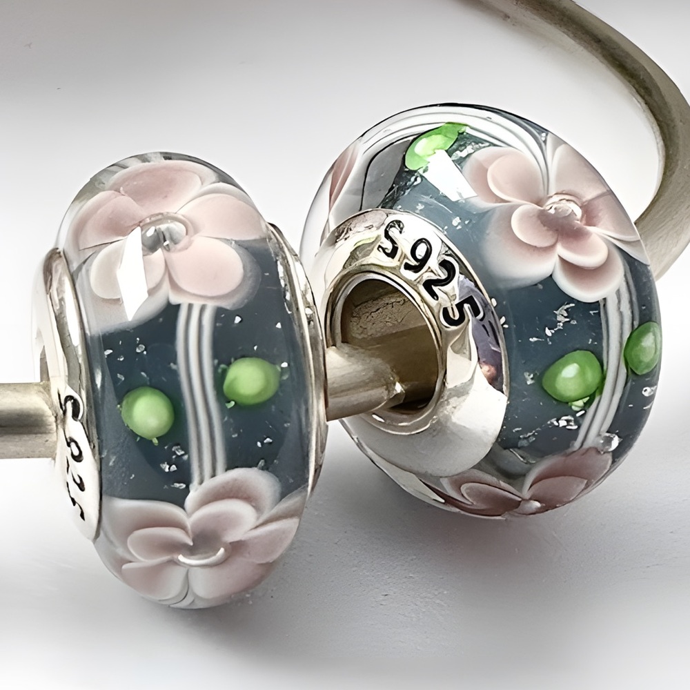 2 charms for Pandora soft pink flower Murano charms 925 Sterling silver cores